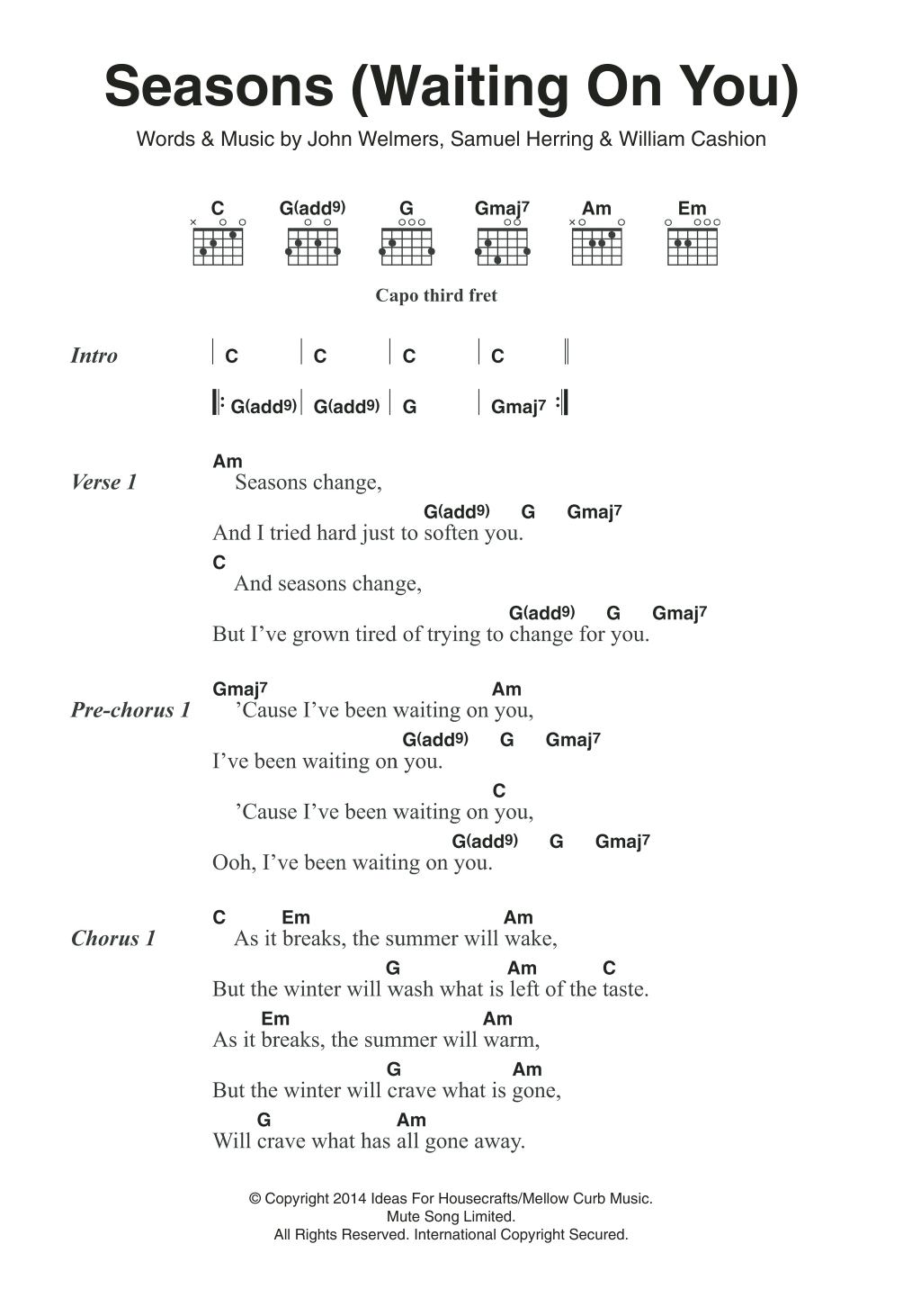 Learn to play Future Islands Seasons (Waiting On You) sheet music for Guitar Chords/Lyrics in minutes. Price: 4.4900$ Future Islands Seasons (Waiting On You) sheet music notes and chords arranged for Guitar Chords/Lyrics