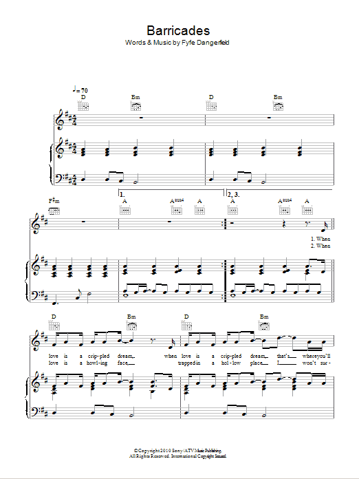 Fyfe Dangerfield Barricades sheet music notes and chords arranged for Piano, Vocal & Guitar Chords