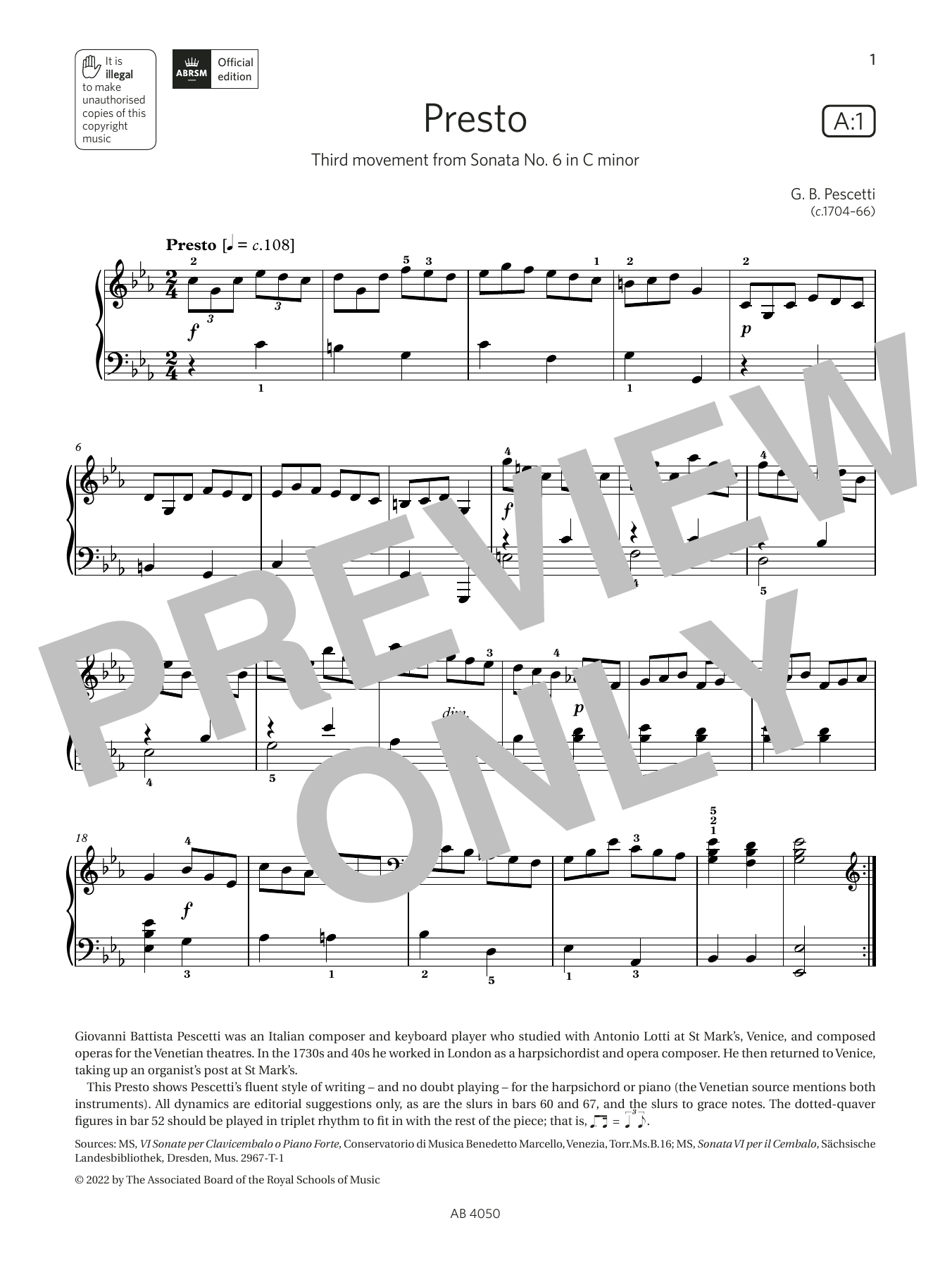 G B Pescetti Presto (Grade 4, list A1, from the ABRSM Piano Syllabus 2023 & 2024) sheet music notes and chords. Download Printable PDF.