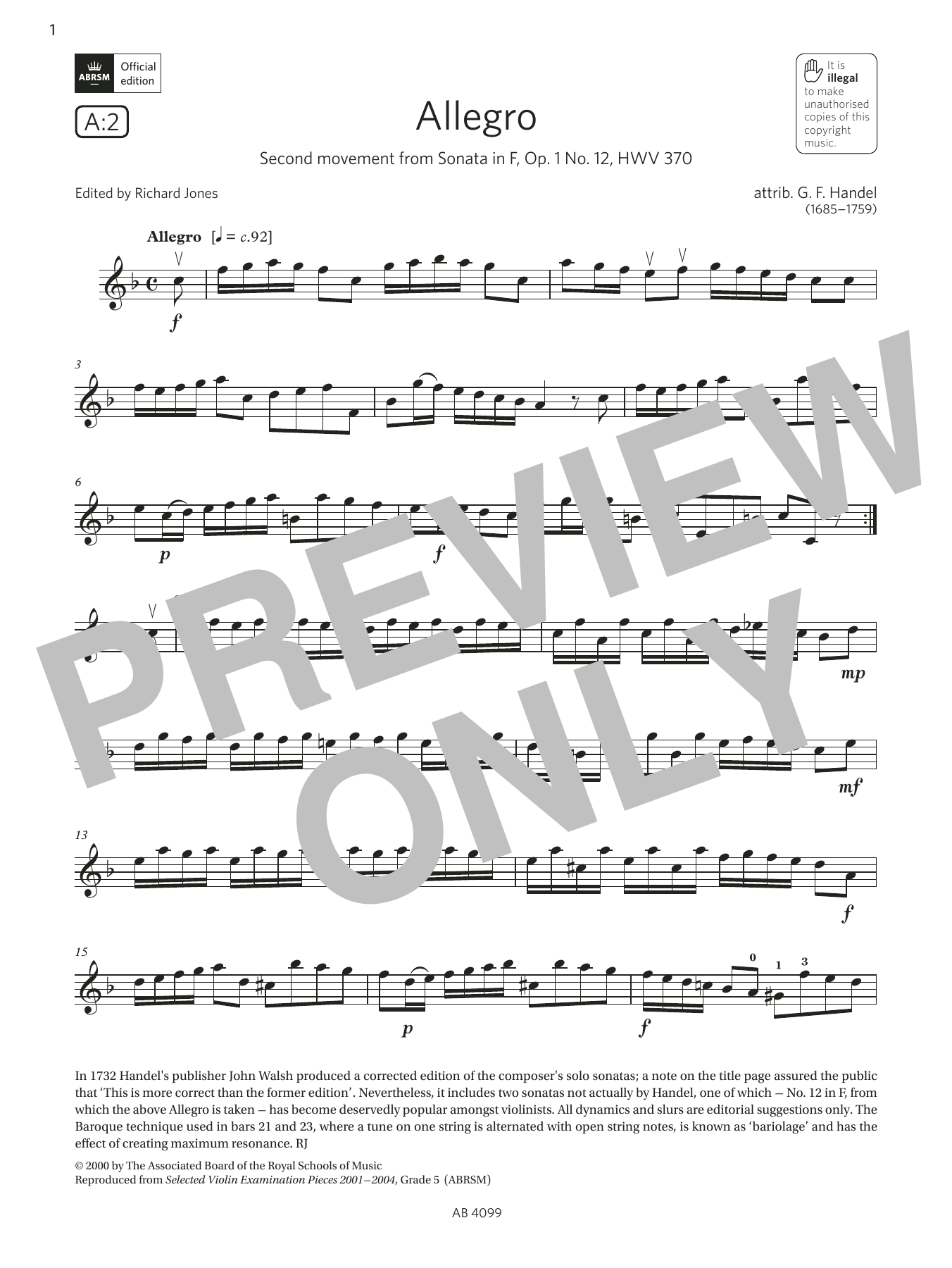 G. F. Handel Allegro (Grade 5, A2, from the ABRSM Violin Syllabus from 2024) sheet music notes and chords. Download Printable PDF.