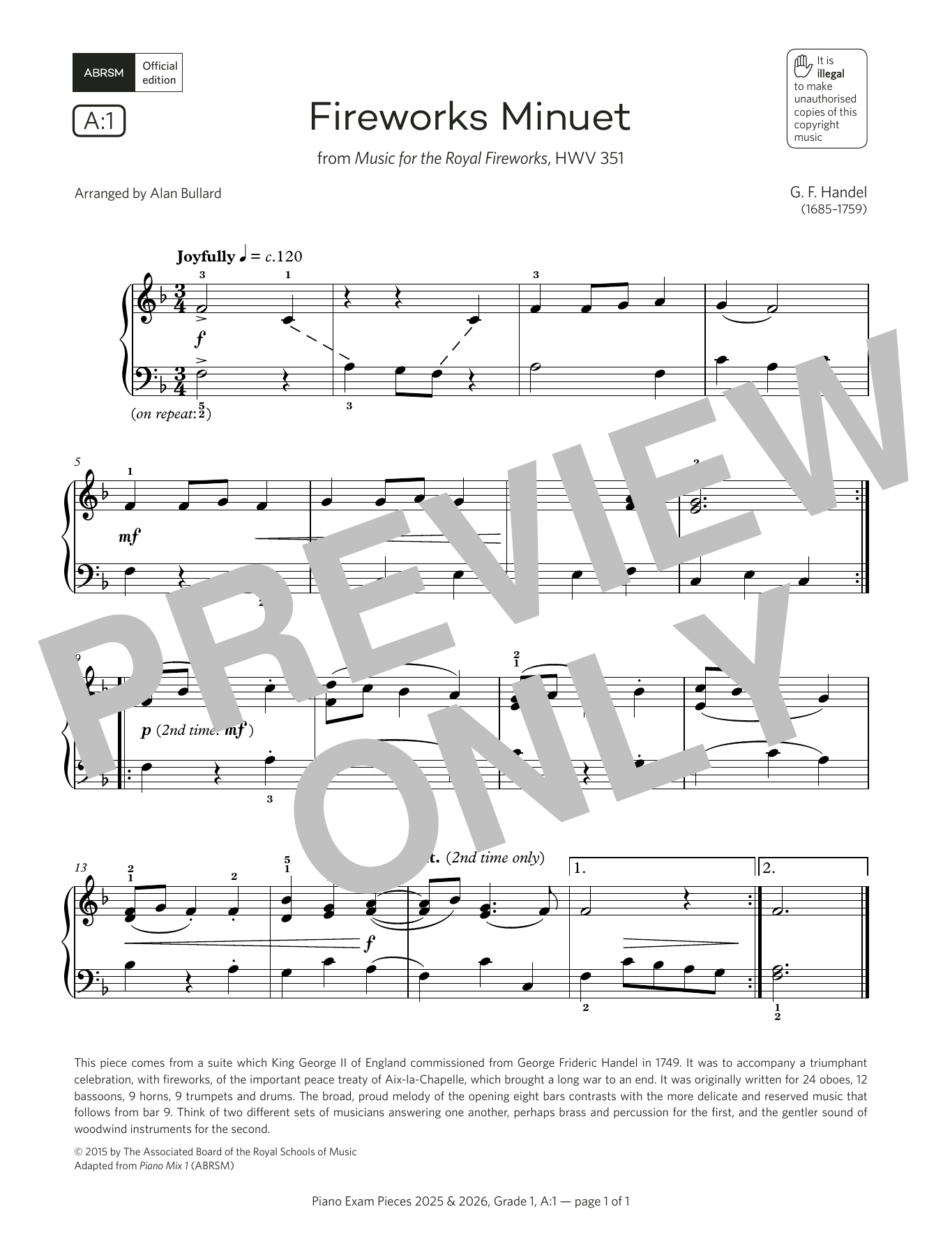 G. F. Handel Fireworks Minuet (Grade 1, list A1, from the ABRSM Piano Syllabus 2025 & 2026) sheet music notes and chords. Download Printable PDF.