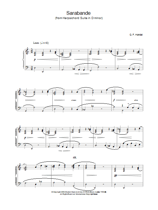 George Frideric Handel Sarabande (from Harpsichord Suite in D Minor) sheet music notes and chords. Download Printable PDF.