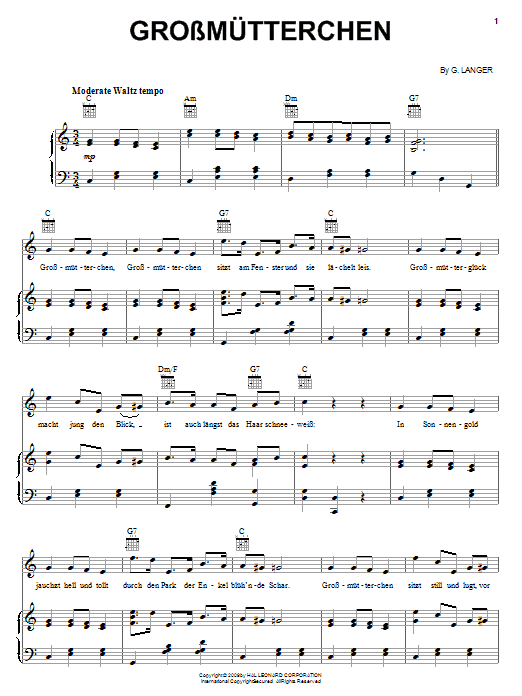 Learn to play G. Langer Grossmutterchen sheet music for Piano, Vocal & Guitar Chords (Right-Hand Melody) in minutes. Price: 7.8900$ G. Langer Grossmutterchen sheet music notes and chords arranged for Piano, Vocal & Guitar Chords (Right-Hand Melody)