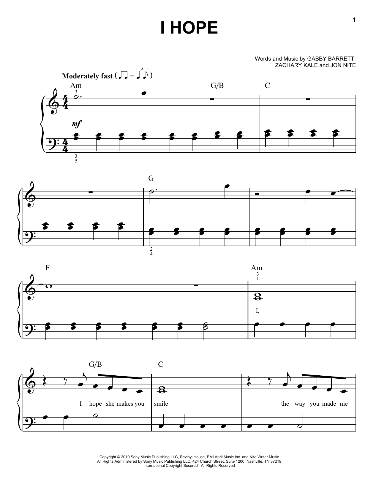 Gabby Barrett I Hope sheet music notes and chords. Download Printable PDF.