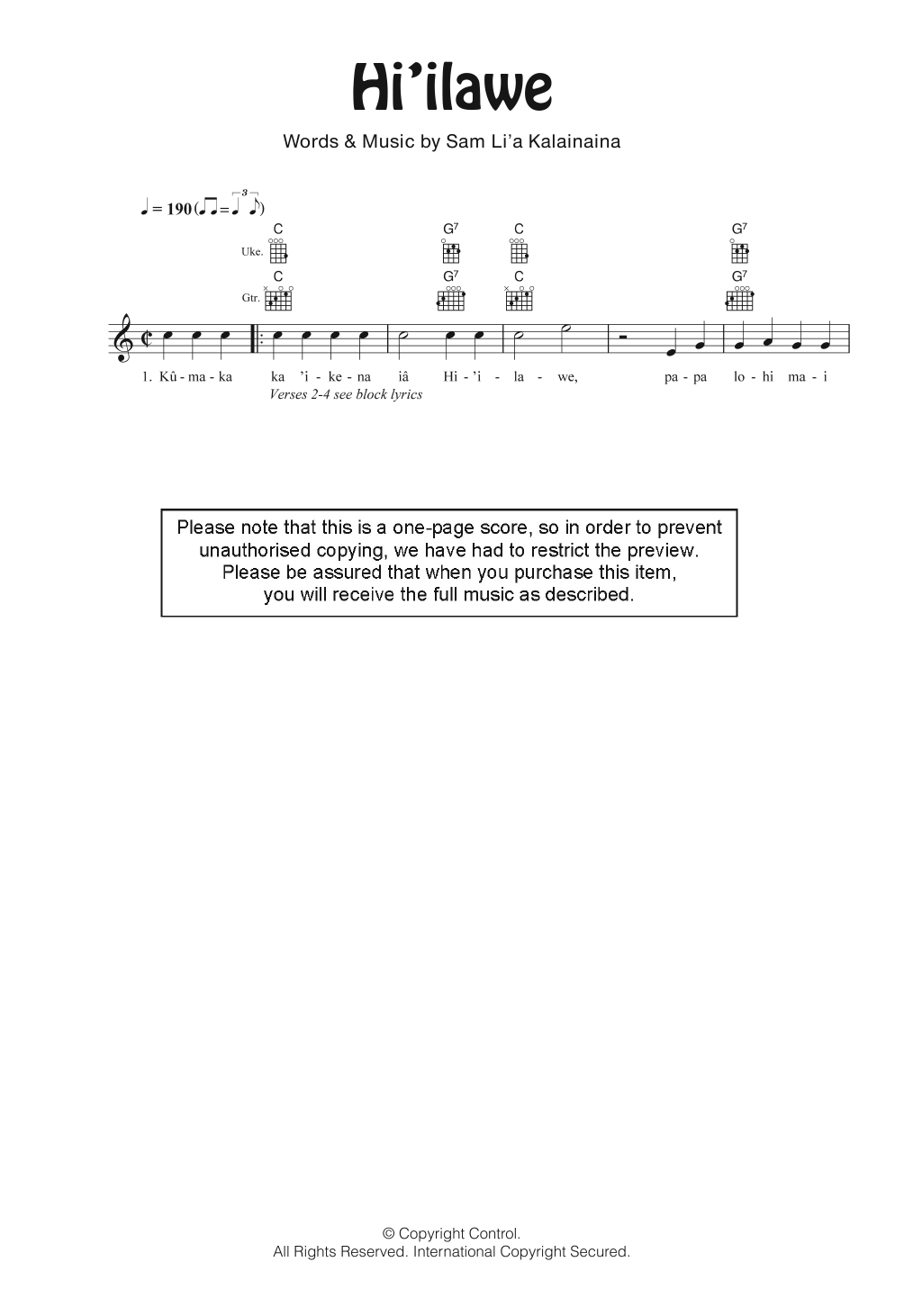 Gabby Pahinui Hi'ilawe sheet music notes and chords arranged for Ukulele