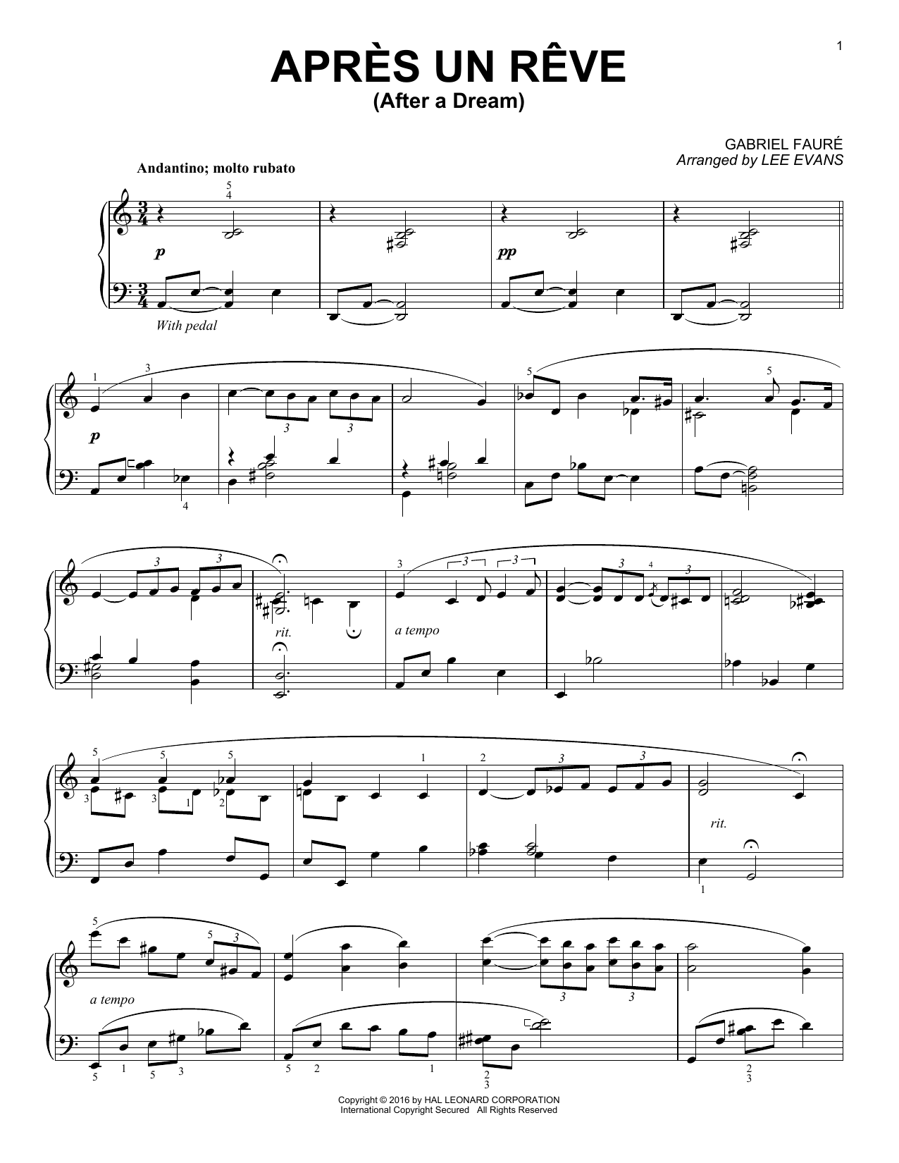 Lee Evans Apres un reve sheet music notes and chords arranged for Piano Solo