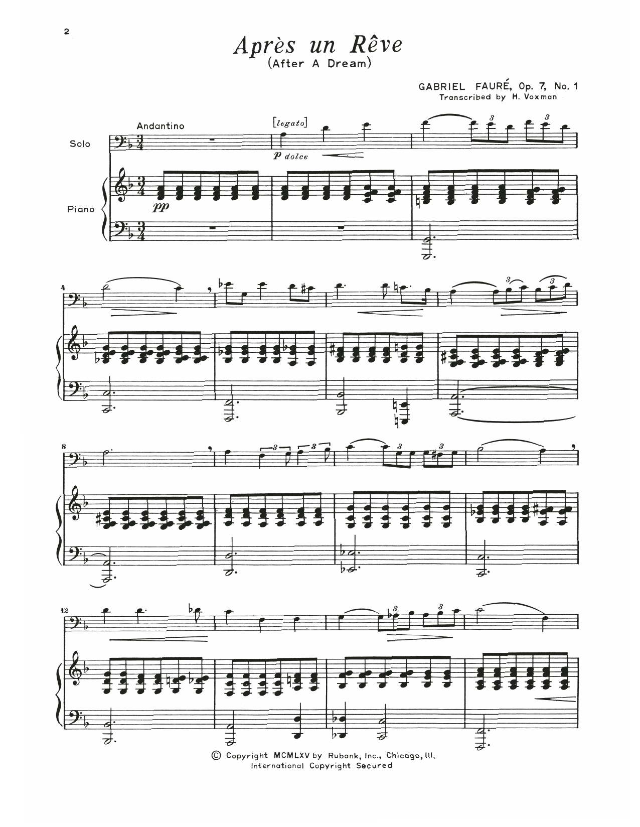 Gabriel Faure Apres Un Reve sheet music notes and chords. Download Printable PDF.