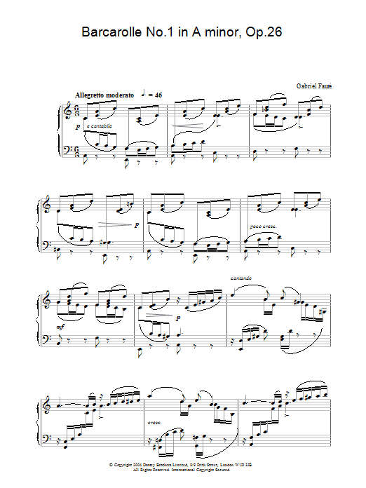 Learn to play Gabriel Fauré Barcarolle No.1 in A minor, Op.26 sheet music for Piano Solo in minutes. Price: 7.8900$ Gabriel Fauré Barcarolle No.1 in A minor, Op.26 sheet music notes and chords arranged for Piano Solo