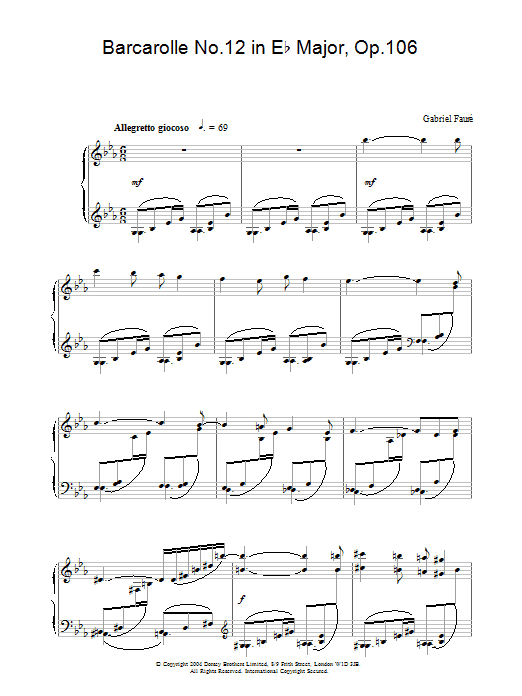 Learn to play Gabriel Fauré Barcarolle No.12 in E Flat Major, Op.106 sheet music for Piano Solo in minutes. Price: 7.8900$ Gabriel Fauré Barcarolle No.12 in E Flat Major, Op.106 sheet music notes and chords arranged for Piano Solo