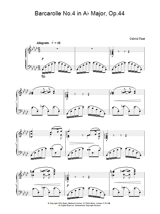 Learn to play Gabriel Fauré Barcarolle No.4 in A Flat Major, Op.44 sheet music for Piano Solo in minutes. Price: 7.8900$ Gabriel Fauré Barcarolle No.4 in A Flat Major, Op.44 sheet music notes and chords arranged for Piano Solo