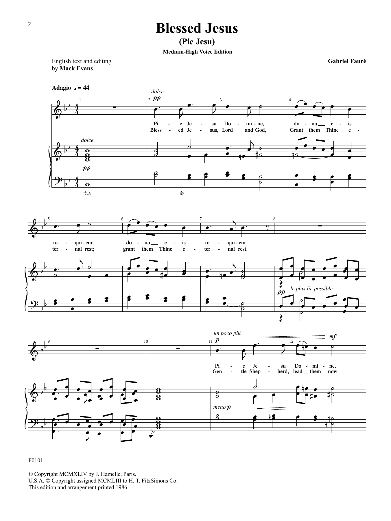 Gabriel Faure Blessed Jesus (Pie Jesu) (High Voice) sheet music notes and chords. Download Printable PDF.