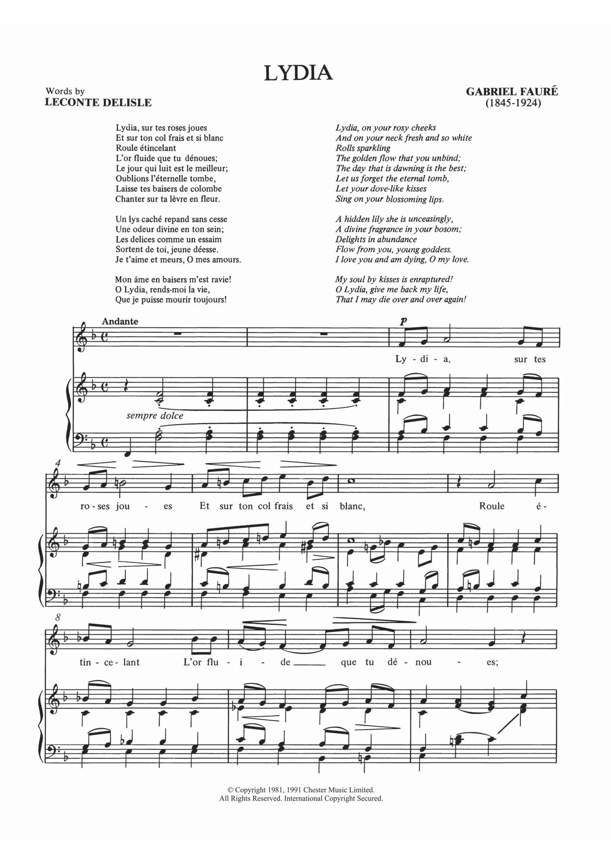 Learn to play Gabriel Fauré Lydia sheet music for Piano & Vocal in minutes. Price: 7.8900$ Gabriel Fauré Lydia sheet music notes and chords arranged for Piano & Vocal