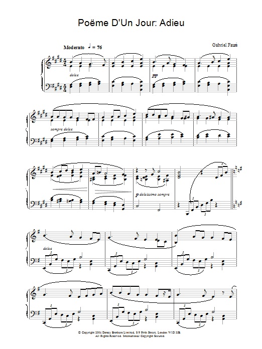 Learn to play Gabriel Fauré Poëme D'Un Jour: Adieu sheet music for Piano Solo in minutes. Price: 7.8900$ Gabriel Fauré Poëme D'Un Jour: Adieu sheet music notes and chords arranged for Piano Solo