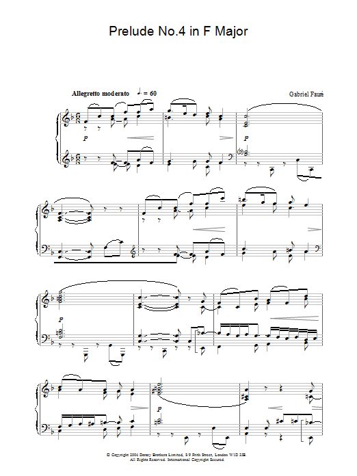 Learn to play Gabriel Fauré Prelude No.4 in F Major sheet music for Piano Solo in minutes. Price: 7.8900$ Gabriel Fauré Prelude No.4 in F Major sheet music notes and chords arranged for Piano Solo