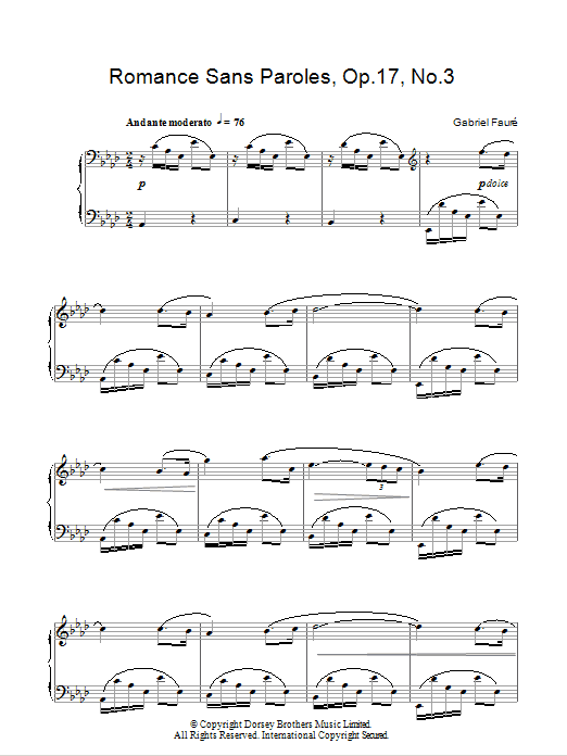 Learn to play Gabriel Fauré Romance Sans Paroles Op.17, No.3 sheet music for Piano Solo in minutes. Price: 7.8900$ Gabriel Fauré Romance Sans Paroles Op.17, No.3 sheet music notes and chords arranged for Piano Solo