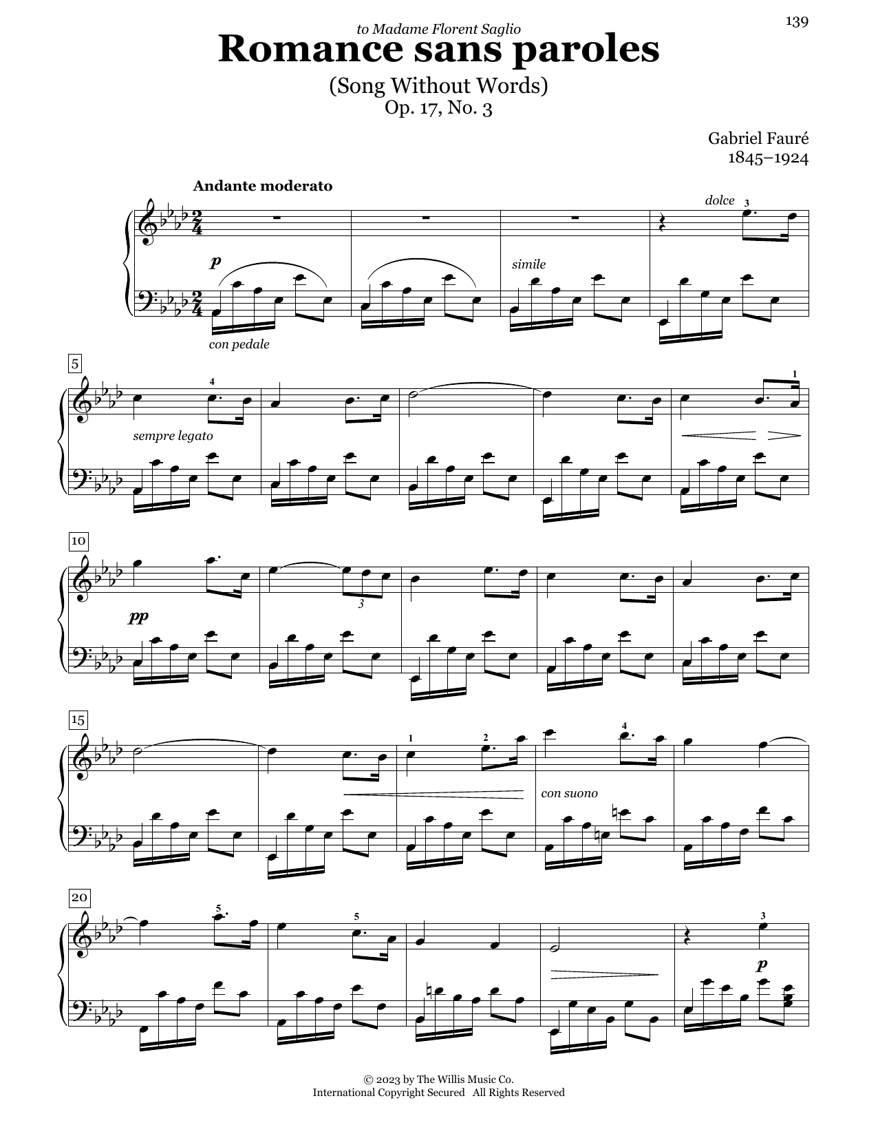 Gabriel Faure Romance Sans Paroles, Op. 17, No. 3 (Song Without Words) sheet music notes and chords. Download Printable PDF.