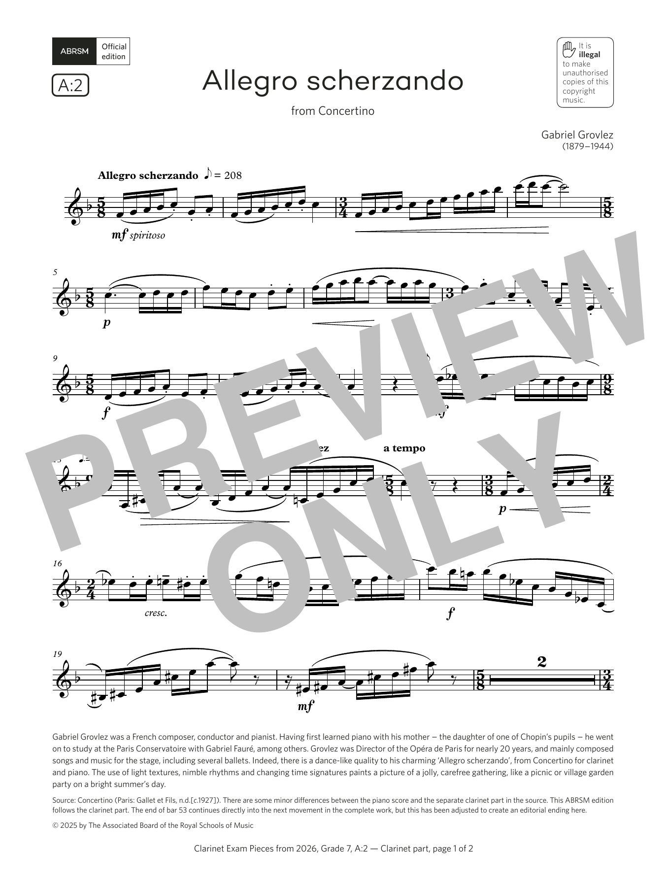 Learn to play Gabriel Grovlez Allegro scherzando (Grade 7, list A2, from the ABRSM Clarinet Syllabus from 2026) sheet music for Clarinet Solo in minutes. Price: 6.9900$ Gabriel Grovlez Allegro scherzando (Grade 7, list A2, from the ABRSM Clarinet Syllabus from 2026) sheet music notes and chords arranged for Clarinet Solo