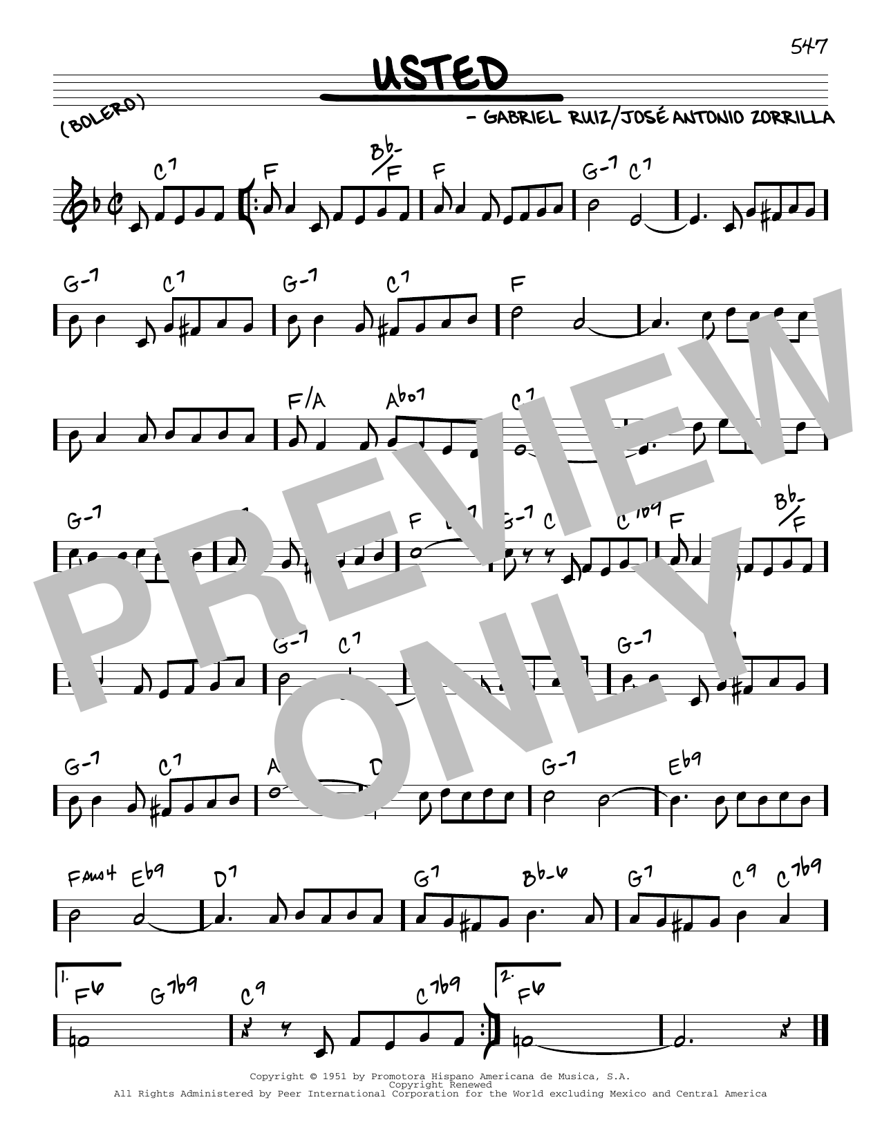 Learn to play Gabriel Ruiz Usted sheet music for Real Book – Melody & Chords in minutes. Price: 5.9900$ Gabriel Ruiz Usted sheet music notes and chords arranged for Real Book – Melody & Chords