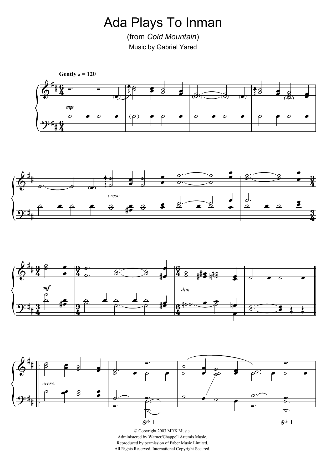 Learn to play Gabriel Yared Ada Plays To Inman (from Cold Mountain) sheet music for Piano Solo in minutes. Price: 7.8900$ Gabriel Yared Ada Plays To Inman (from Cold Mountain) sheet music notes and chords arranged for Piano Solo