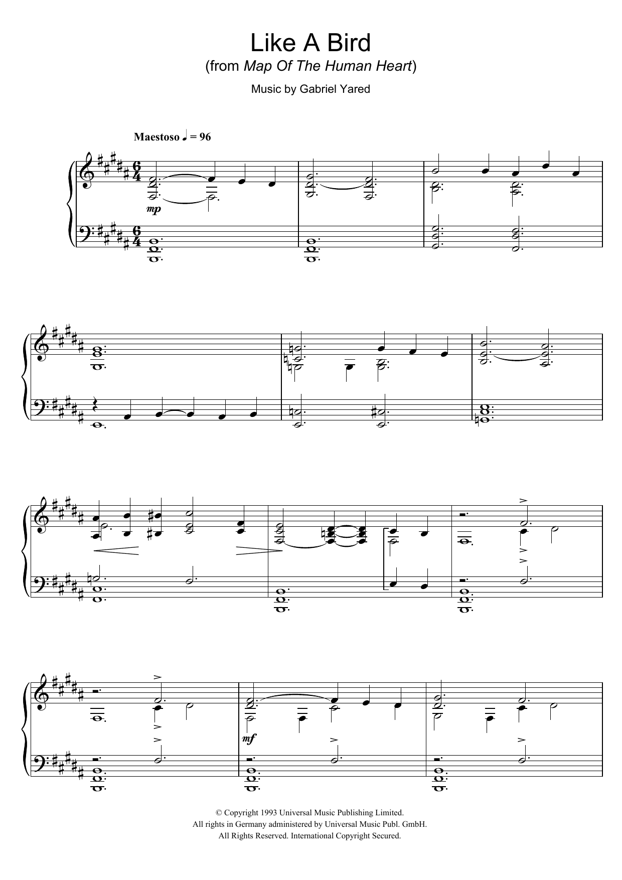 Learn to play Gabriel Yared Like A Bird (from Map Of The Human Heart) sheet music for Piano Solo in minutes. Price: 7.8900$ Gabriel Yared Like A Bird (from Map Of The Human Heart) sheet music notes and chords arranged for Piano Solo