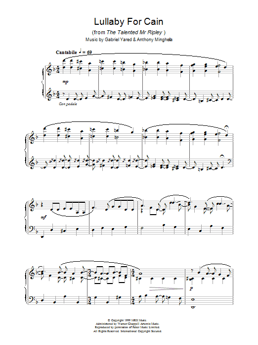 Gabriel Yared Lullaby For Cain (from The Talented Mr Ripley) sheet music notes and chords. Download Printable PDF.