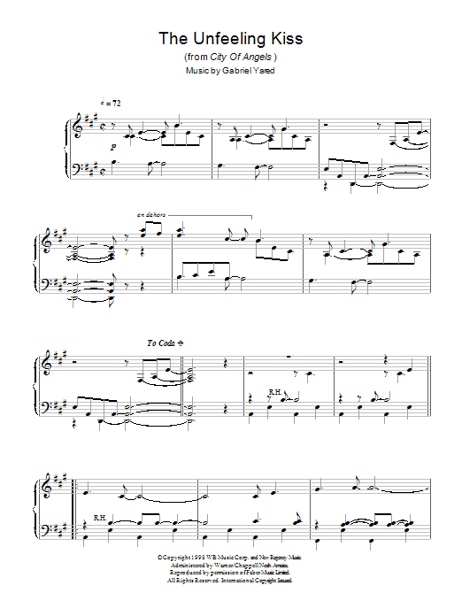 Gabriel Yared The Unfeeling Kiss (from City of Angels) sheet music notes and chords arranged for Piano Solo