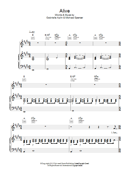 Learn to play Gabrielle Aplin Alive sheet music for Piano, Vocal & Guitar Chords in minutes. Price: 7.8900$ Gabrielle Aplin Alive sheet music notes and chords arranged for Piano, Vocal & Guitar Chords