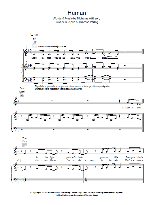 Learn to play Gabrielle Aplin Human sheet music for Piano, Vocal & Guitar Chords in minutes. Price: 7.8900$ Gabrielle Aplin Human sheet music notes and chords arranged for Piano, Vocal & Guitar Chords