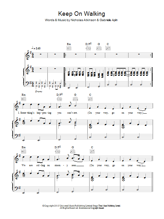 Learn to play Gabrielle Aplin Keep On Walking sheet music for Piano, Vocal & Guitar Chords in minutes. Price: 7.8900$ Gabrielle Aplin Keep On Walking sheet music notes and chords arranged for Piano, Vocal & Guitar Chords