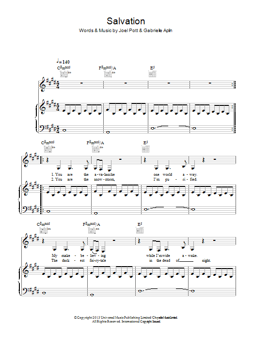 Learn to play Gabrielle Aplin Salvation sheet music for Piano, Vocal & Guitar Chords in minutes. Price: 7.8900$ Gabrielle Aplin Salvation sheet music notes and chords arranged for Piano, Vocal & Guitar Chords