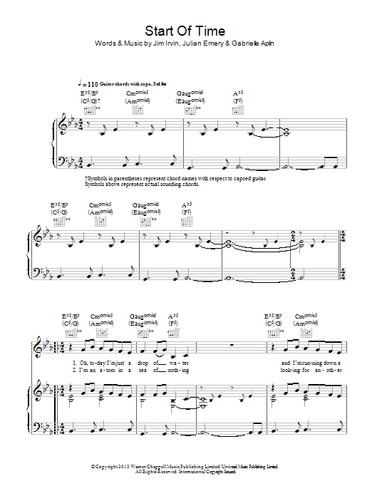 Learn to play Gabrielle Aplin Start Of Time sheet music for Piano, Vocal & Guitar Chords in minutes. Price: 7.8900$ Gabrielle Aplin Start Of Time sheet music notes and chords arranged for Piano, Vocal & Guitar Chords