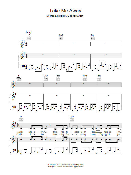 Learn to play Gabrielle Aplin Take Me Away sheet music for Piano, Vocal & Guitar Chords in minutes. Price: 7.8900$ Gabrielle Aplin Take Me Away sheet music notes and chords arranged for Piano, Vocal & Guitar Chords