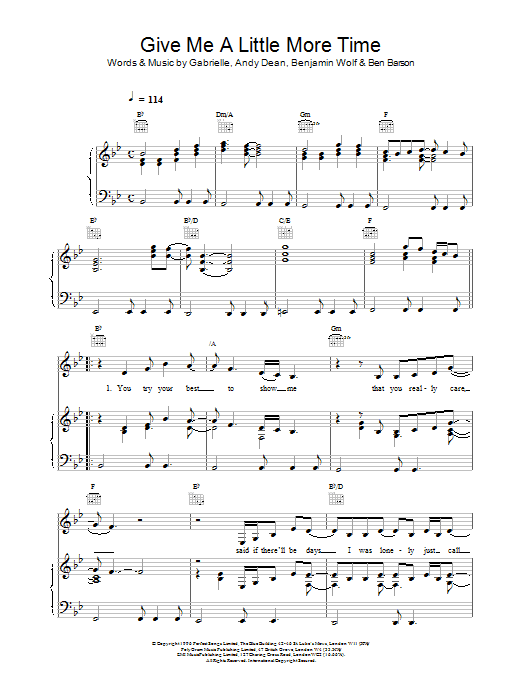 Gabrielle Give Me A Little More Time sheet music notes and chords arranged for Piano, Vocal & Guitar Chords