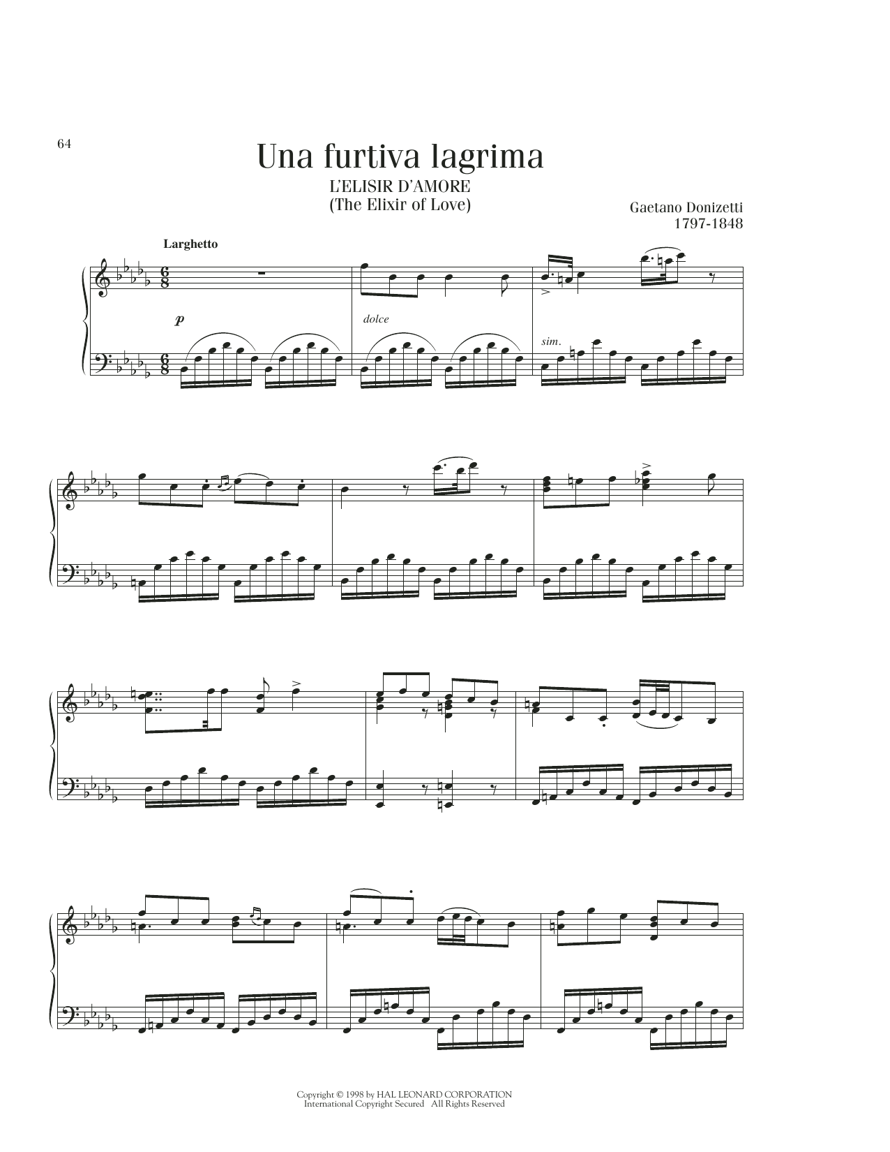 Gaetano Donizetti Una Furtiva Lagrima (The Elixir Of Love) sheet music notes and chords. Download Printable PDF.