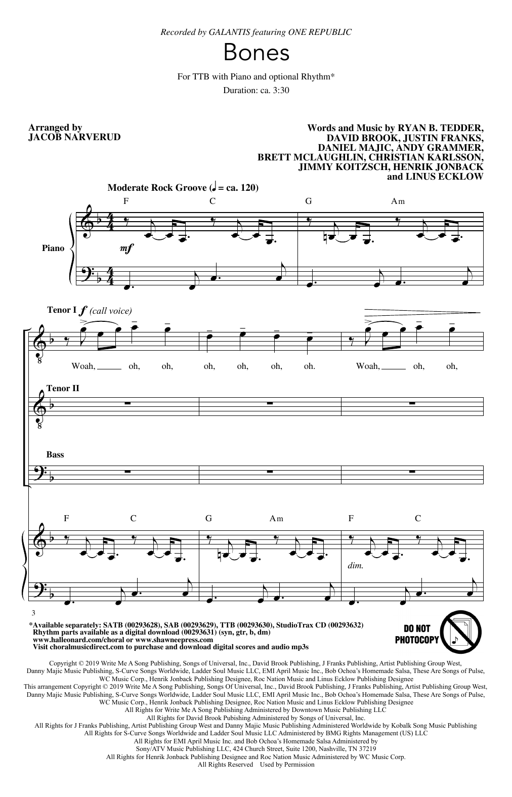 Learn to play Galantis Bones (feat. OneRepublic) (arr. Jacob Narverud) sheet music for TTBB Choir in minutes. Price: 3.9900$ Galantis Bones (feat. OneRepublic) (arr. Jacob Narverud) sheet music notes and chords arranged for TTBB Choir