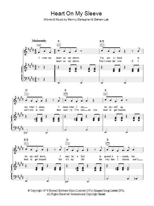 Gallagher & Lyle Heart On My Sleeve sheet music notes and chords arranged for Piano, Vocal & Guitar Chords