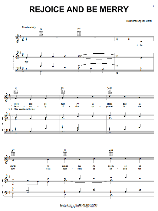 Learn to play Traditional Carol Rejoice And Be Merry sheet music for Piano, Vocal & Guitar Chords (Right-Hand Melody) in minutes. Price: 7.8900$ Traditional Carol Rejoice And Be Merry sheet music notes and chords arranged for Piano, Vocal & Guitar Chords (Right-Hand Melody)