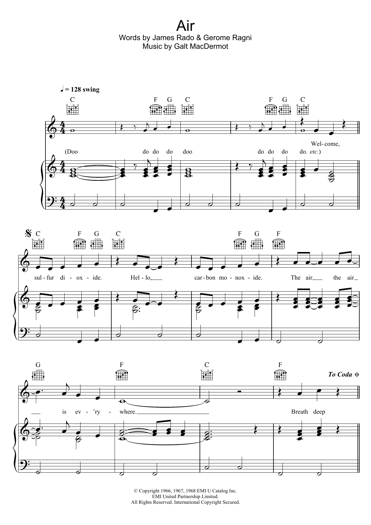 Learn to play Galt MacDermot Air (from 'Hair') sheet music for Piano, Vocal & Guitar Chords in minutes. Price: 7.8900$ Galt MacDermot Air (from 'Hair') sheet music notes and chords arranged for Piano, Vocal & Guitar Chords