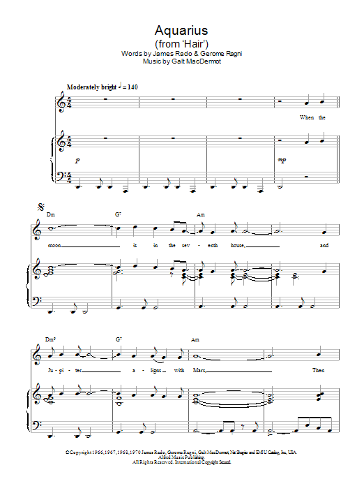 Galt MacDermot Aquarius (from 'Hair') sheet music notes and chords. Download Printable PDF.