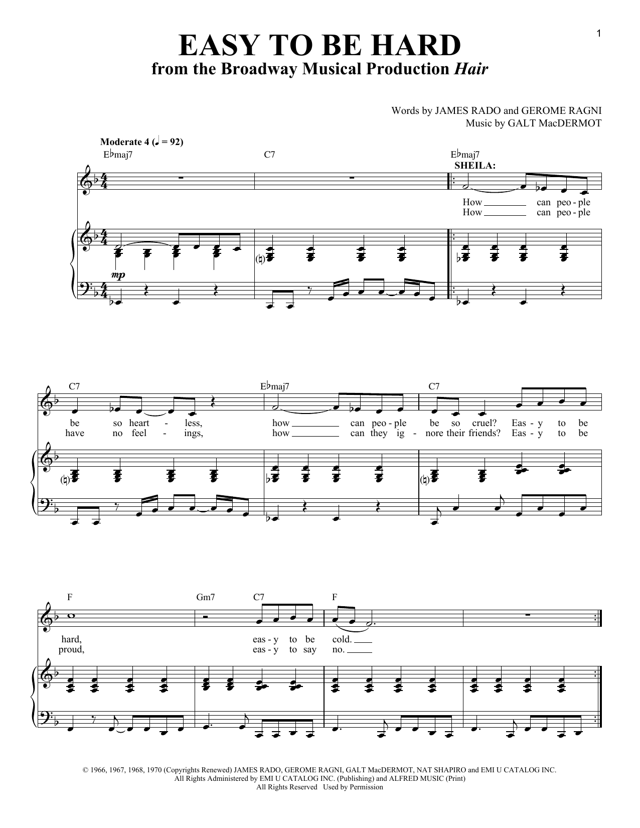 Galt MacDermot Easy To Be Hard sheet music notes and chords. Download Printable PDF.