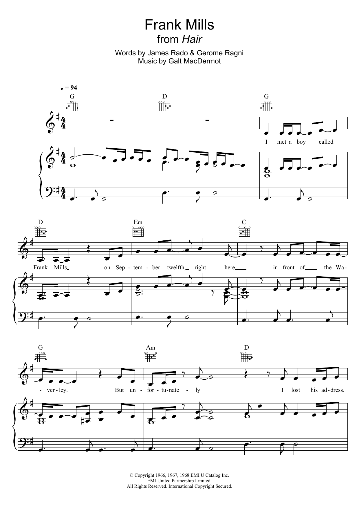 Galt MacDermot Frank Mills (from 'Hair') sheet music notes and chords. Download Printable PDF.