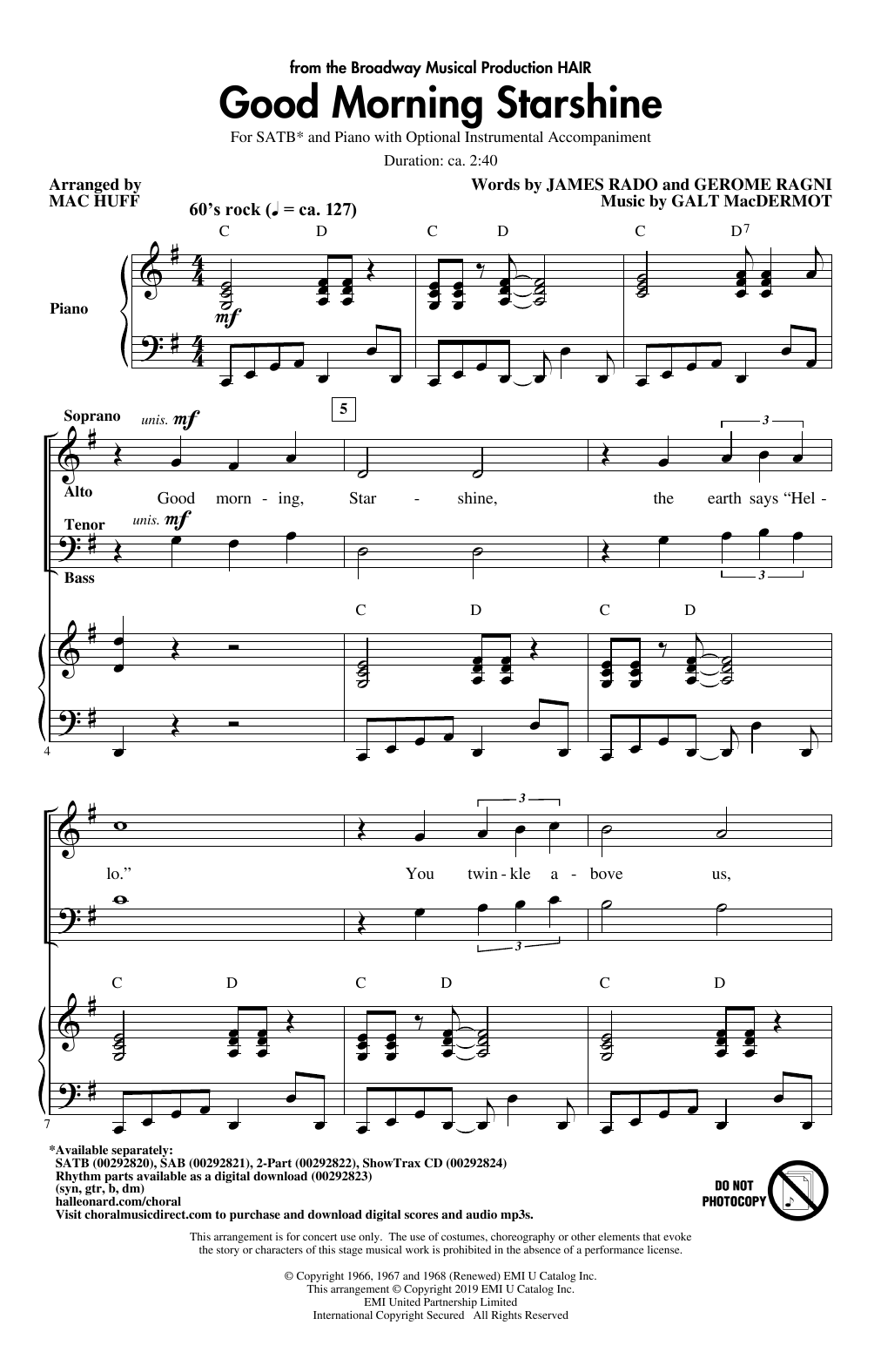 Galt MacDermot Good Morning Starshine (from the musical Hair) (arr. Mac Huff) sheet music notes and chords. Download Printable PDF.