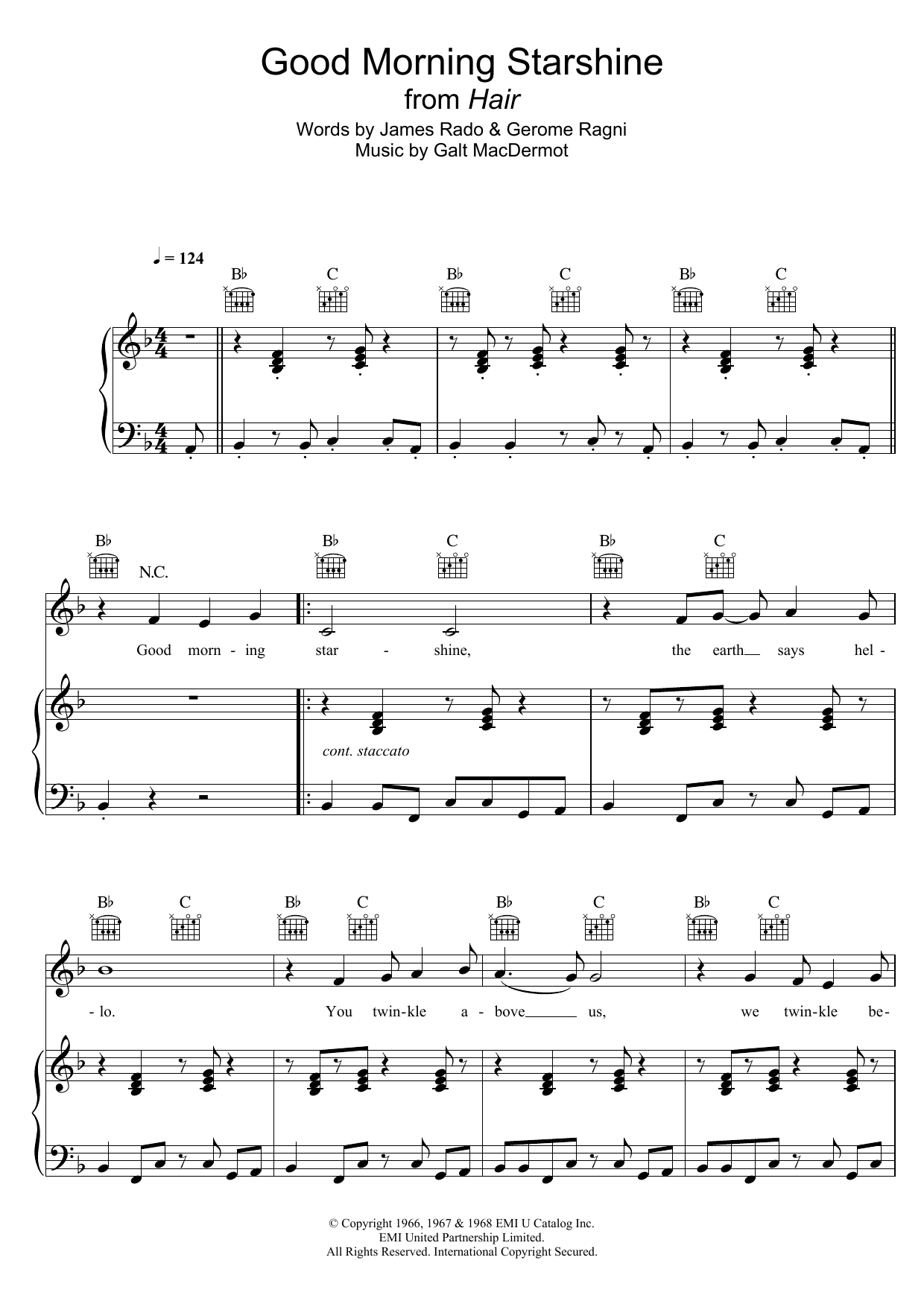 Galt MacDermot Good Morning Starshine (from 'Hair') sheet music notes and chords. Download Printable PDF.