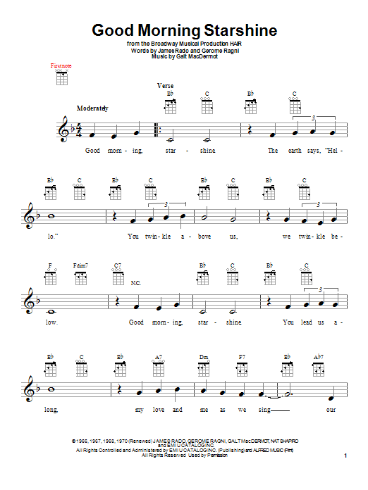 Learn to play Oliver Good Morning Starshine sheet music for Ukulele in minutes. Price: 5.9900$ Oliver Good Morning Starshine sheet music notes and chords arranged for Ukulele