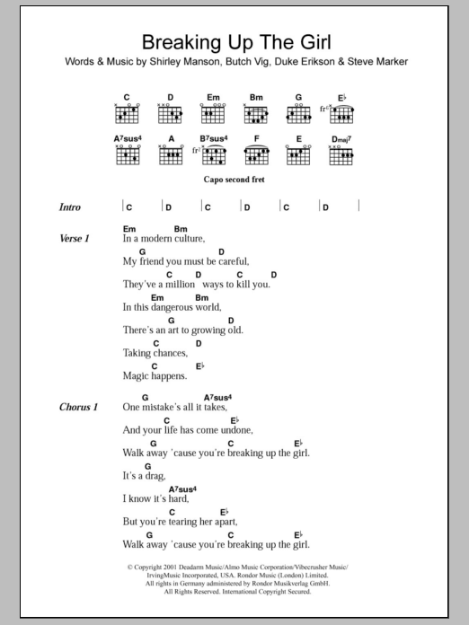 Garbage Breaking Up The Girl sheet music notes and chords. Download Printable PDF.