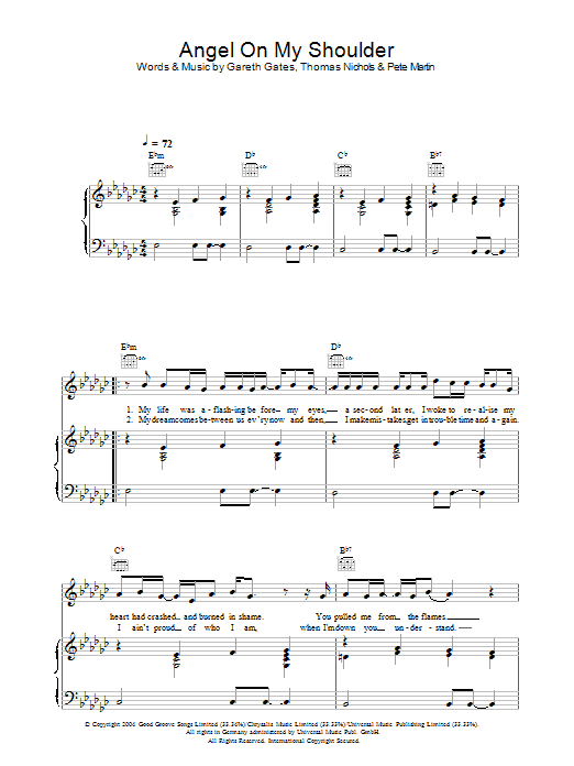 Learn to play Gareth Gates Angel On My Shoulder sheet music for Piano, Vocal & Guitar Chords in minutes. Price: 7.8900$ Gareth Gates Angel On My Shoulder sheet music notes and chords arranged for Piano, Vocal & Guitar Chords