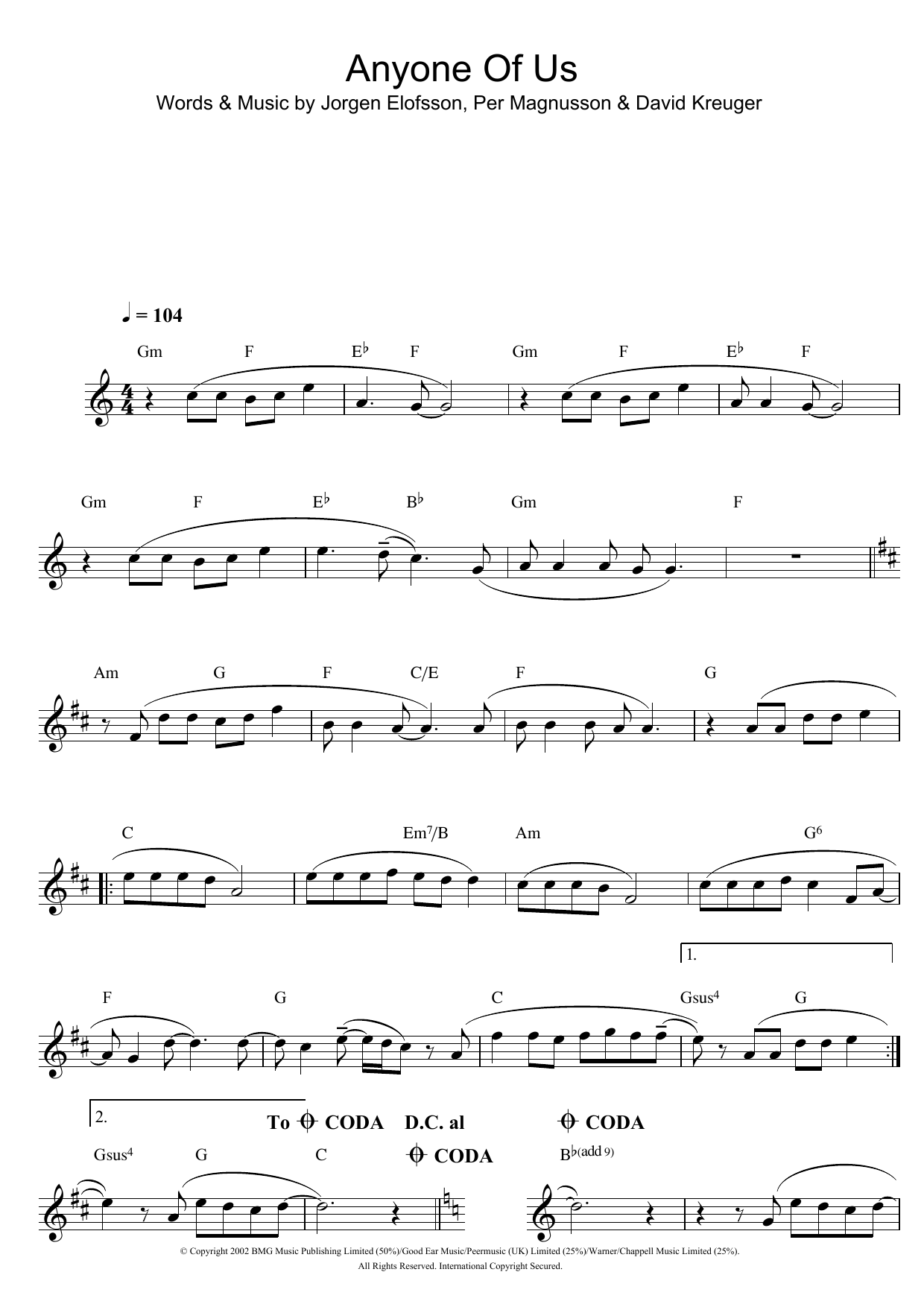 Gareth Gates Anyone Of Us (Stupid Mistake) sheet music notes and chords. Download Printable PDF.