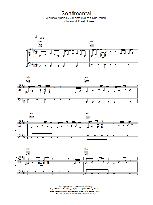 Learn to play Gareth Gates Sentimental sheet music for Piano, Vocal & Guitar Chords in minutes. Price: 7.8900$ Gareth Gates Sentimental sheet music notes and chords arranged for Piano, Vocal & Guitar Chords