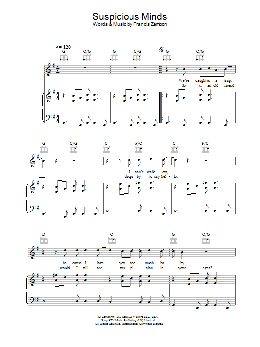 Gareth Gates Suspicious Minds sheet music notes and chords arranged for Piano, Vocal & Guitar Chords