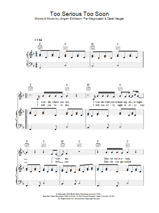 Learn to play Gareth Gates Too Serious Too Soon sheet music for Piano, Vocal & Guitar Chords in minutes. Price: 7.8900$ Gareth Gates Too Serious Too Soon sheet music notes and chords arranged for Piano, Vocal & Guitar Chords